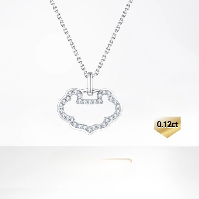 Chinese Style18k Gold Inlaid Cultivated Diamond Necklace Genuine Diamond Longevity Lock Au750k Gold Platinum Collarbone Chain Pendant