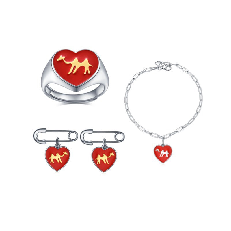 Red Enamel Camel Ring Earrings Bracelet with Safety Pin s925Sterling Silver Unique Personality Three-Piece Jewelry Set Heart Shape