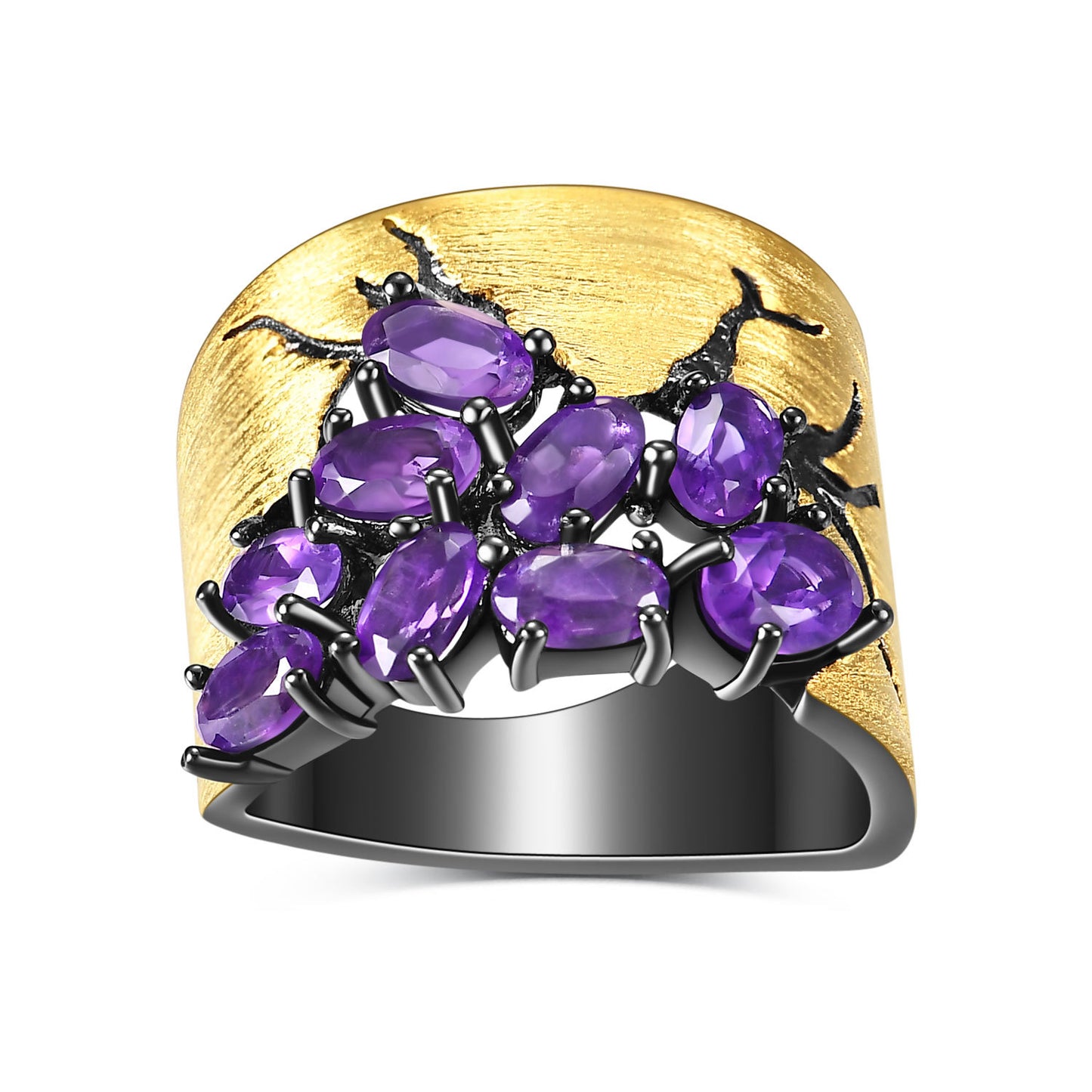 Designer Italian Craft Vintage Style Ring Russia s925Sterling Silver Inlaid Gemstone Natural Amethyst Ring