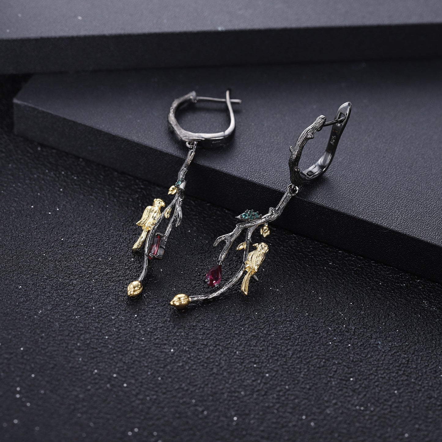 Italian Craft Designer Earrings Natural Style Little Bird Design925Silver Natural Rose Garnet Earrings