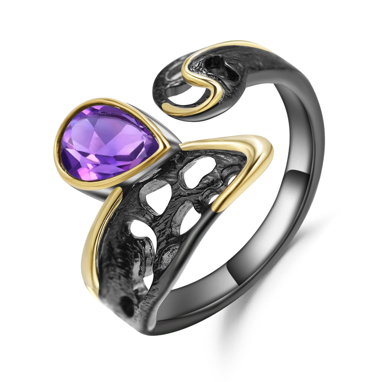 Designer Gemstone Inlaid Open Ring Vintage Style High-End Design925Silver Natural Amethyst Ring