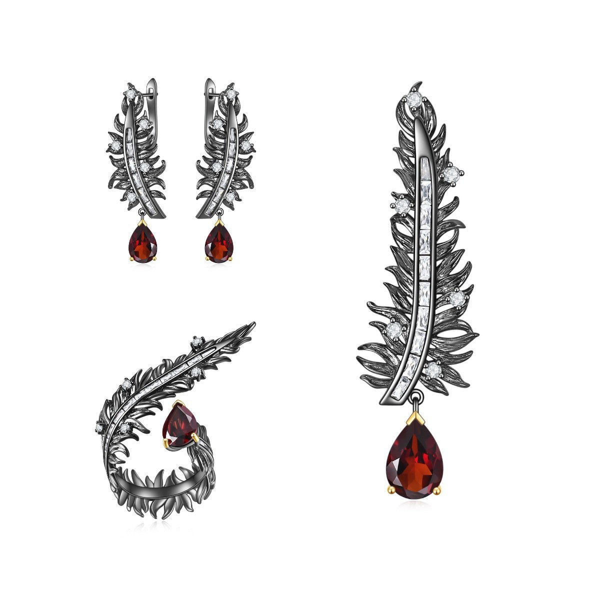 Feather Design Natural Gemstone Brooch s925Silver Inlaid Garnet Brooch Pendant Dual-use Style
