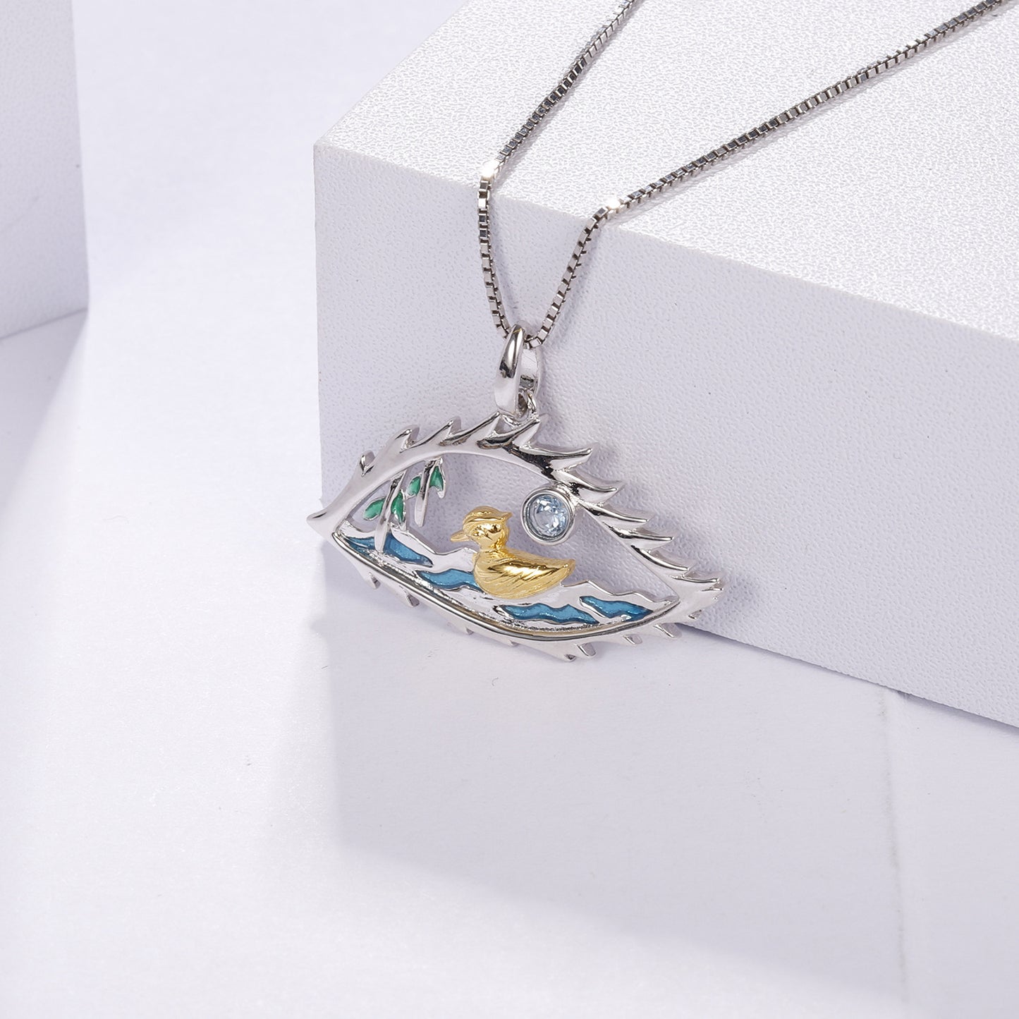 Designer High-End Gemstone Pendant The Lake in the Eyes s925Silver Enamel Natural Topaz Necklace Pendant