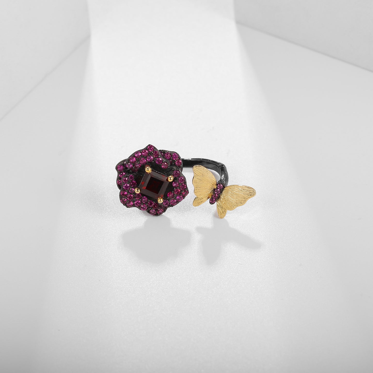 Designer Natural Amethyst Ring Natural Style Butterfly Floral Russia s925Silver Adjustable Open Ring