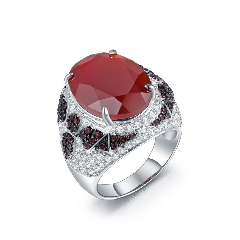 Designer Luxury Red Agate Ring Russian Exaggerated Jewelry s925Sterling Silver Inlaid Natural Gemstone Ring
