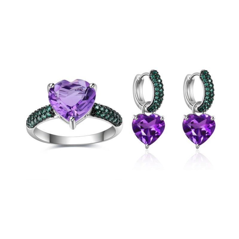 Heart-shaped Gemstone Set Natural Pink Crystal s925Sterling Silver Ring Earrings Heart Topaz Jewelry Set