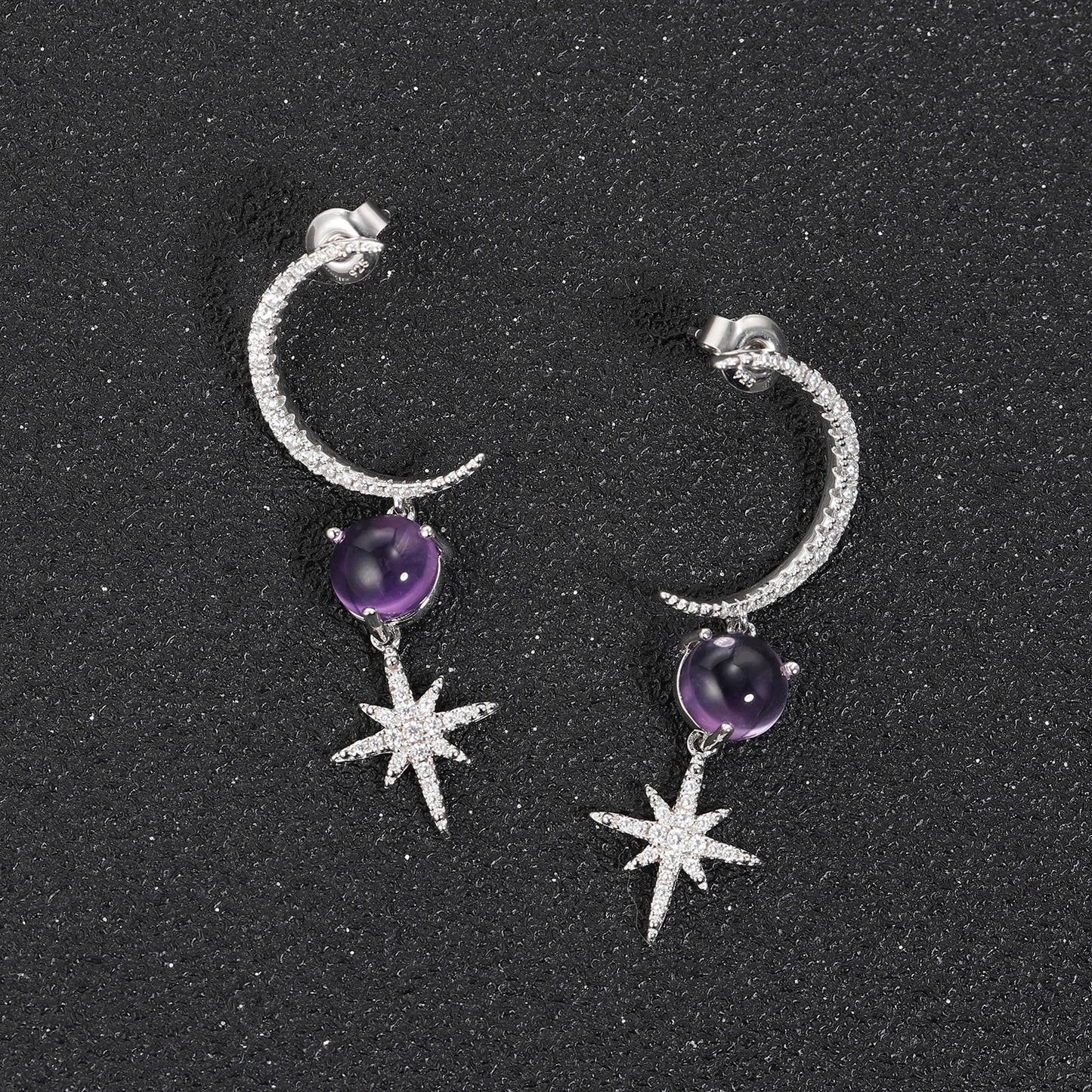 Designer High-End Gemstone Earrings Unique Crescent Design s925Silver Natural Amethyst Stud Earrings