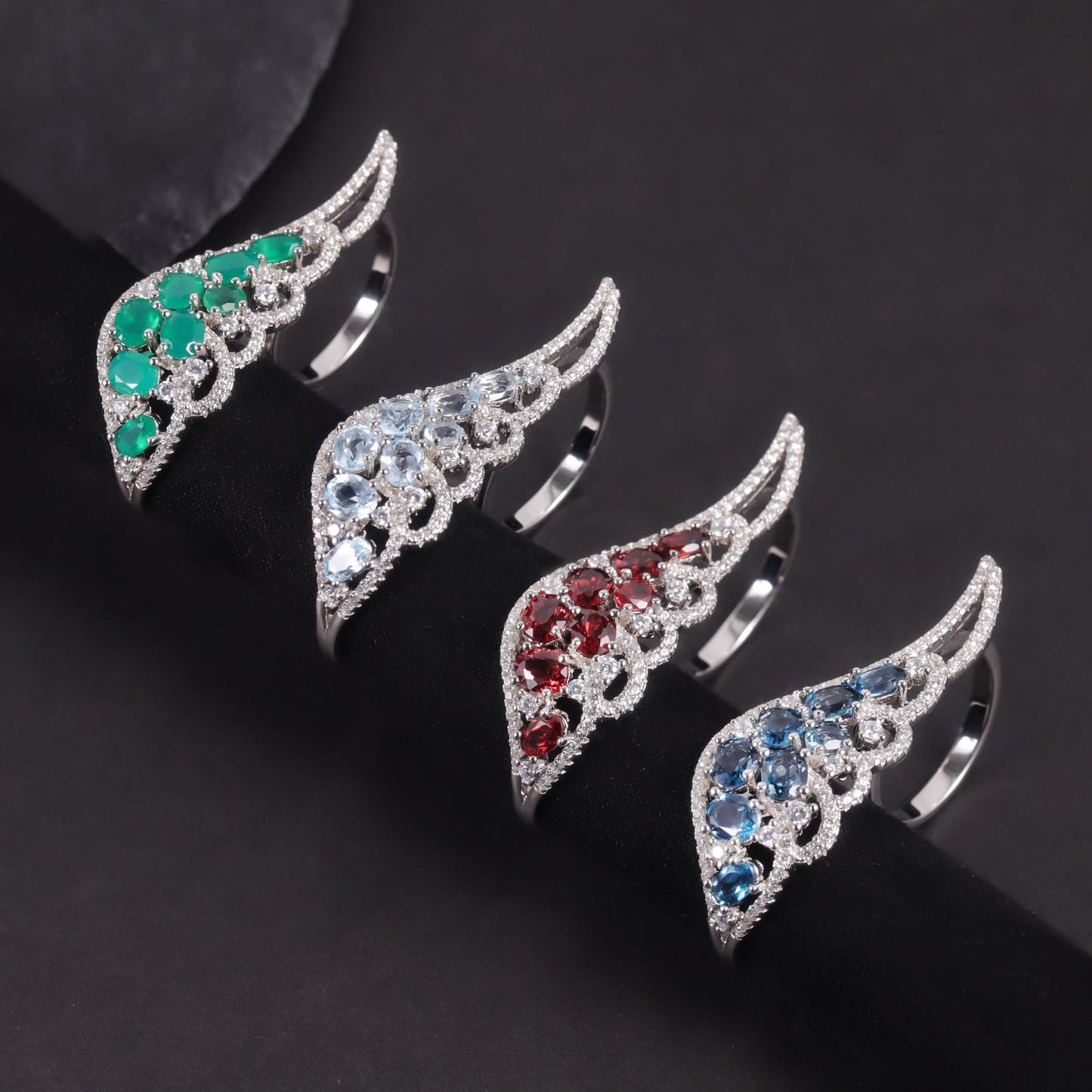Angel Wings Gemstone Ring s925Sterling Silver Inlaid Natural Topaz Green Chalcedony Garnet Ring for Women