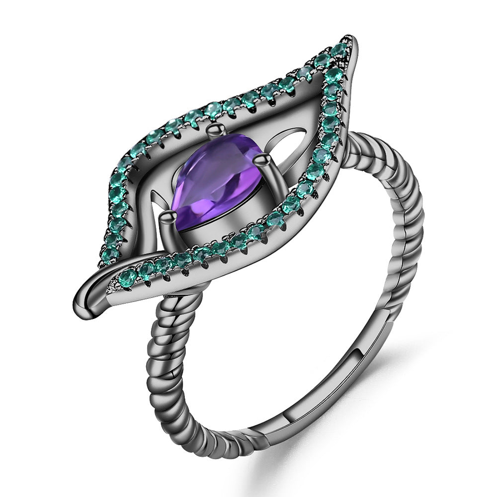 Italian Craft Designer Ring Natural Wind Leaf Design925Silver Inlaid Natural Amethyst Ring