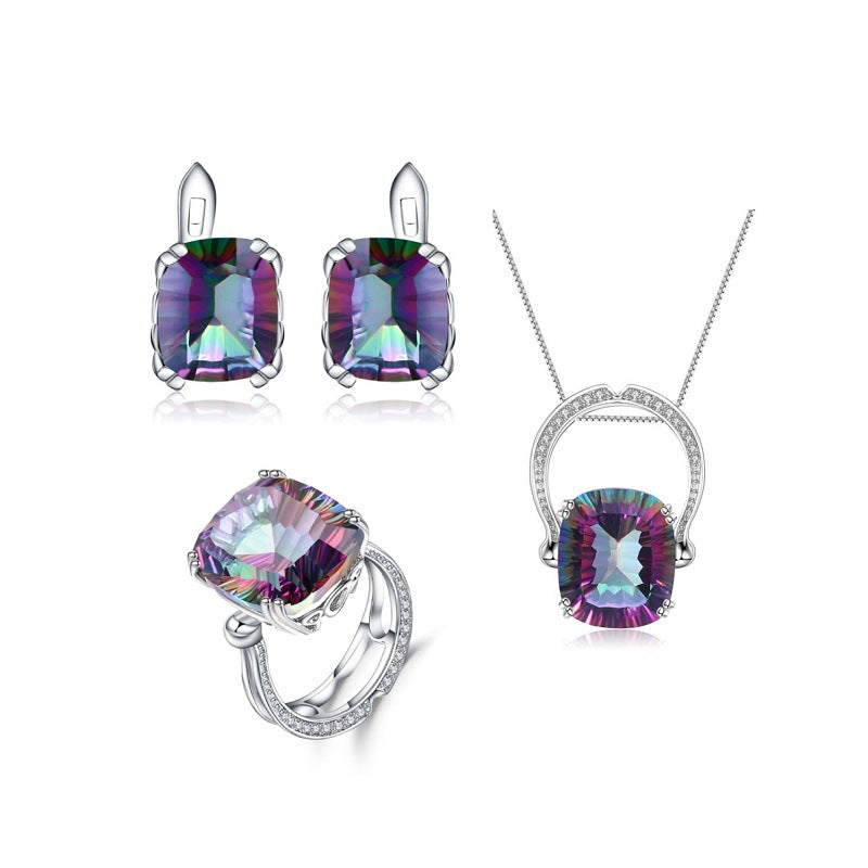 Luxurious Creative Jewelry Accessories Set s925Silver Inlaid Gemstone Ring Necklace Earrings Three-Piece Set