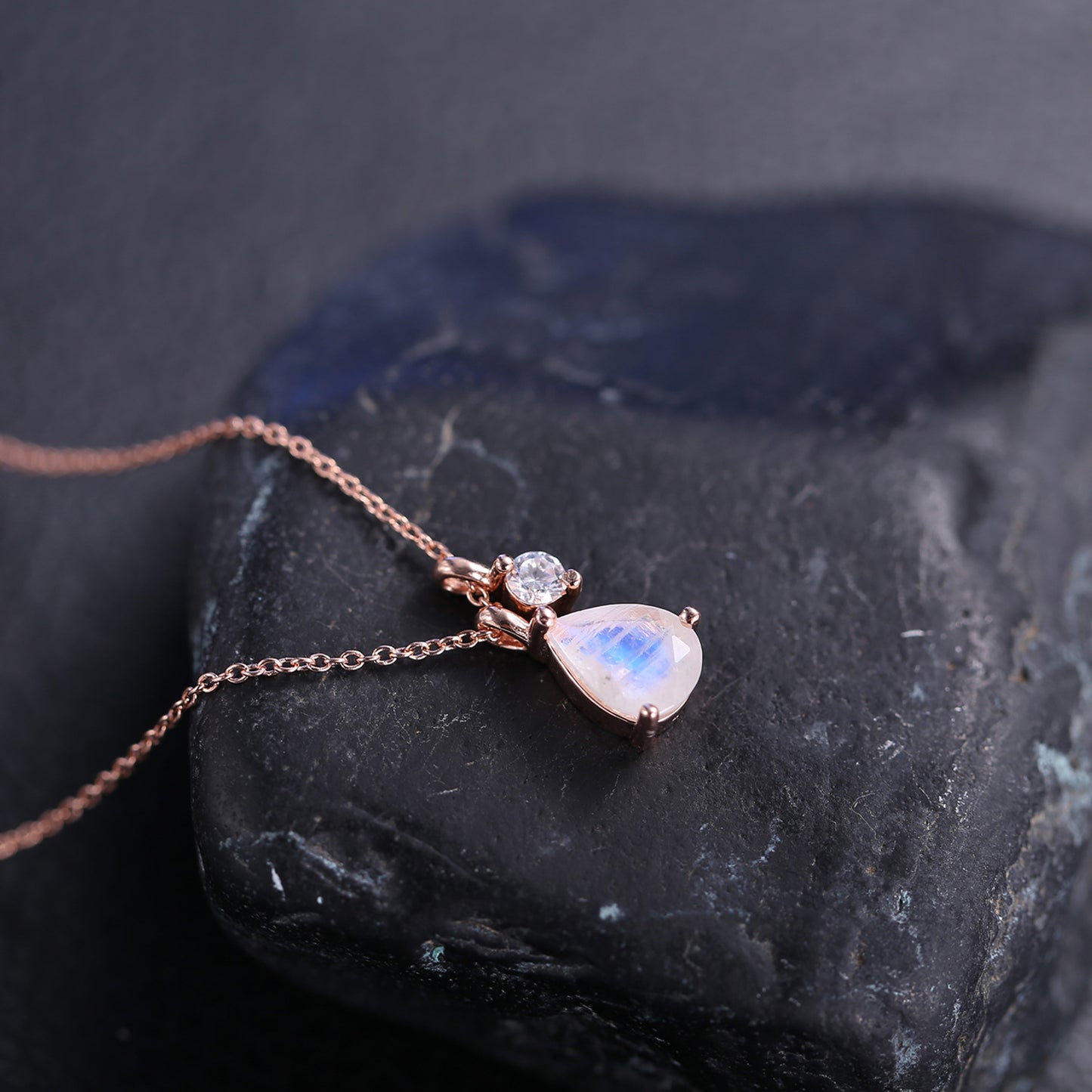 Korean and Japanese Natural Cream Blue Moonstone Pendant Cross-border s925Sterling Silver Inlaid Gemstone ins Rose Gold Wind Necklace