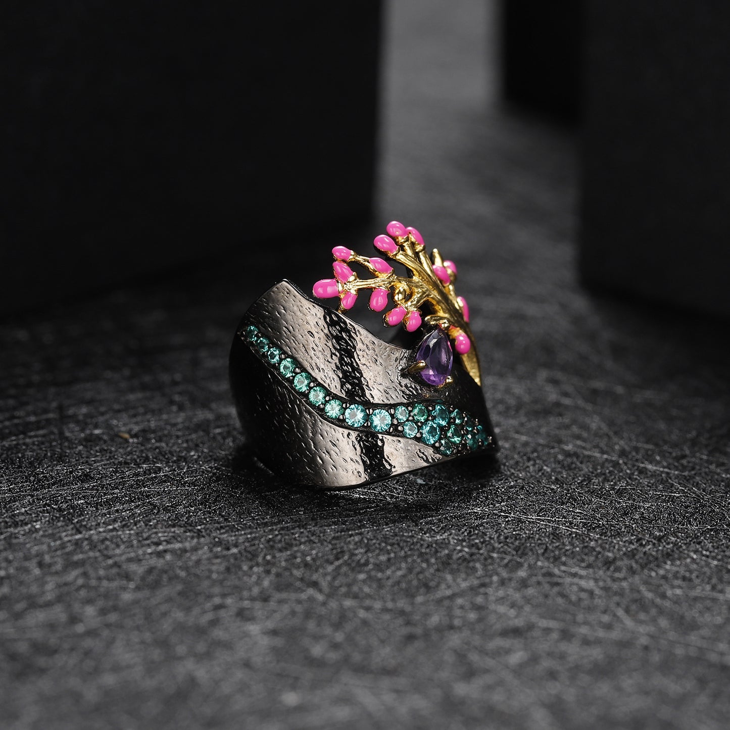 Designer Natural Style Tree of Life Ring Italian Craft Retro s925Silver Natural Amethyst Ring