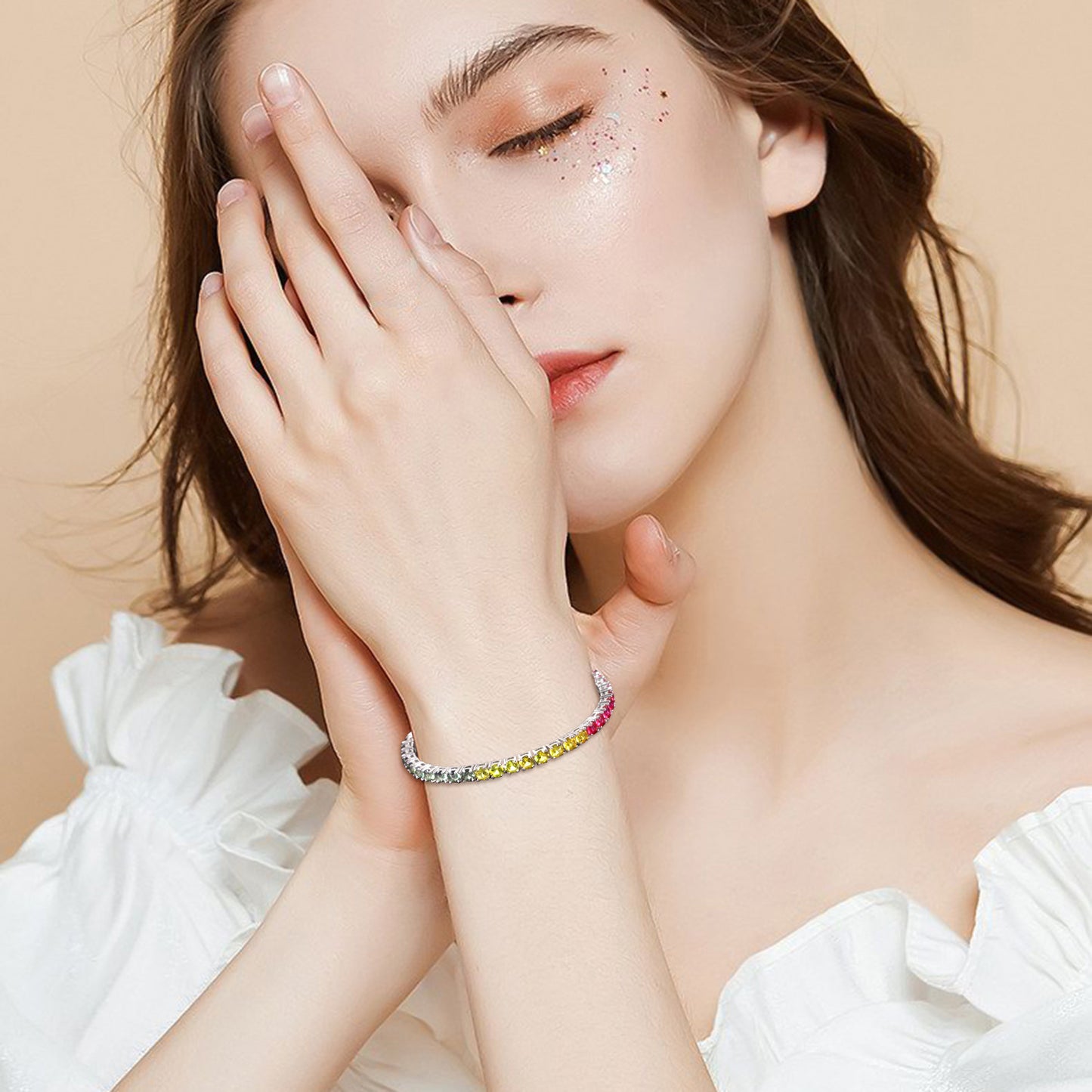Fashion3/4/5mm Tennis Chain s925Sterling Silver Cultivated Sapphire Bracelet ins Rainbow Color Bracelet