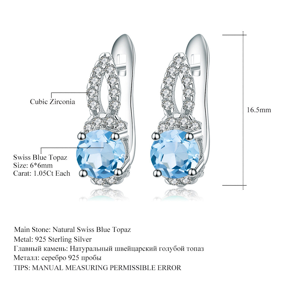 Fashion Natural Topaz Stud Earrings Earrings Light Luxury Personality s925Silver Inlaid Natural Sapphire Stud Earrings