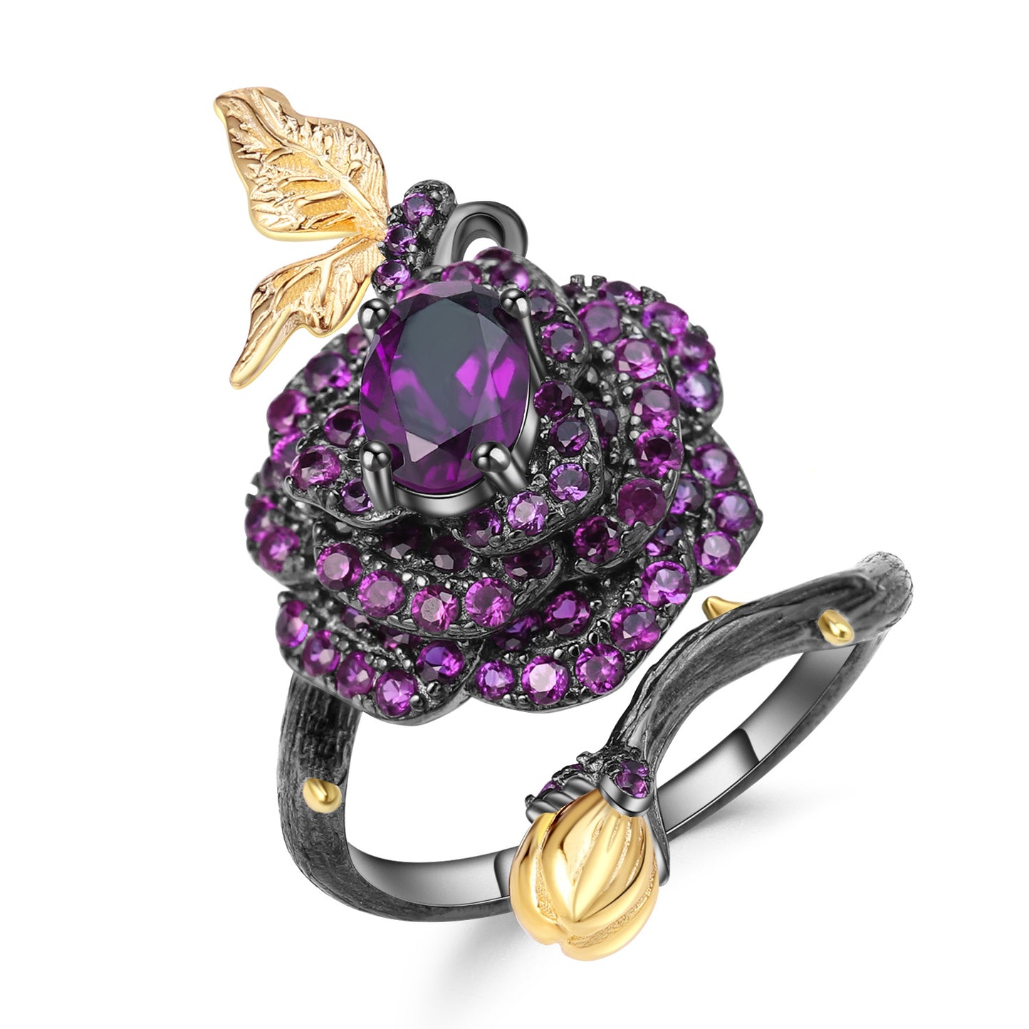 Secret Garden Designer Gemstone Ring Natural Style Rose Design s925Silver Natural Colored Gems Ring