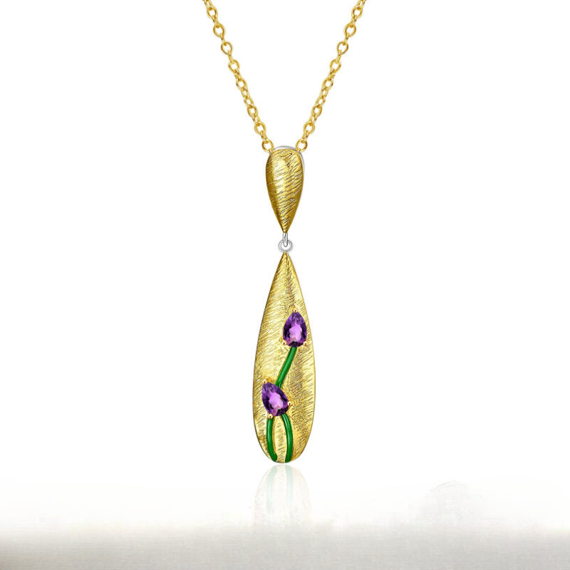 Italian Craft Retro Style Jewelry Designer Necklace s925Silver plating k Gold Inlaid Amethyst Necklace Pendant