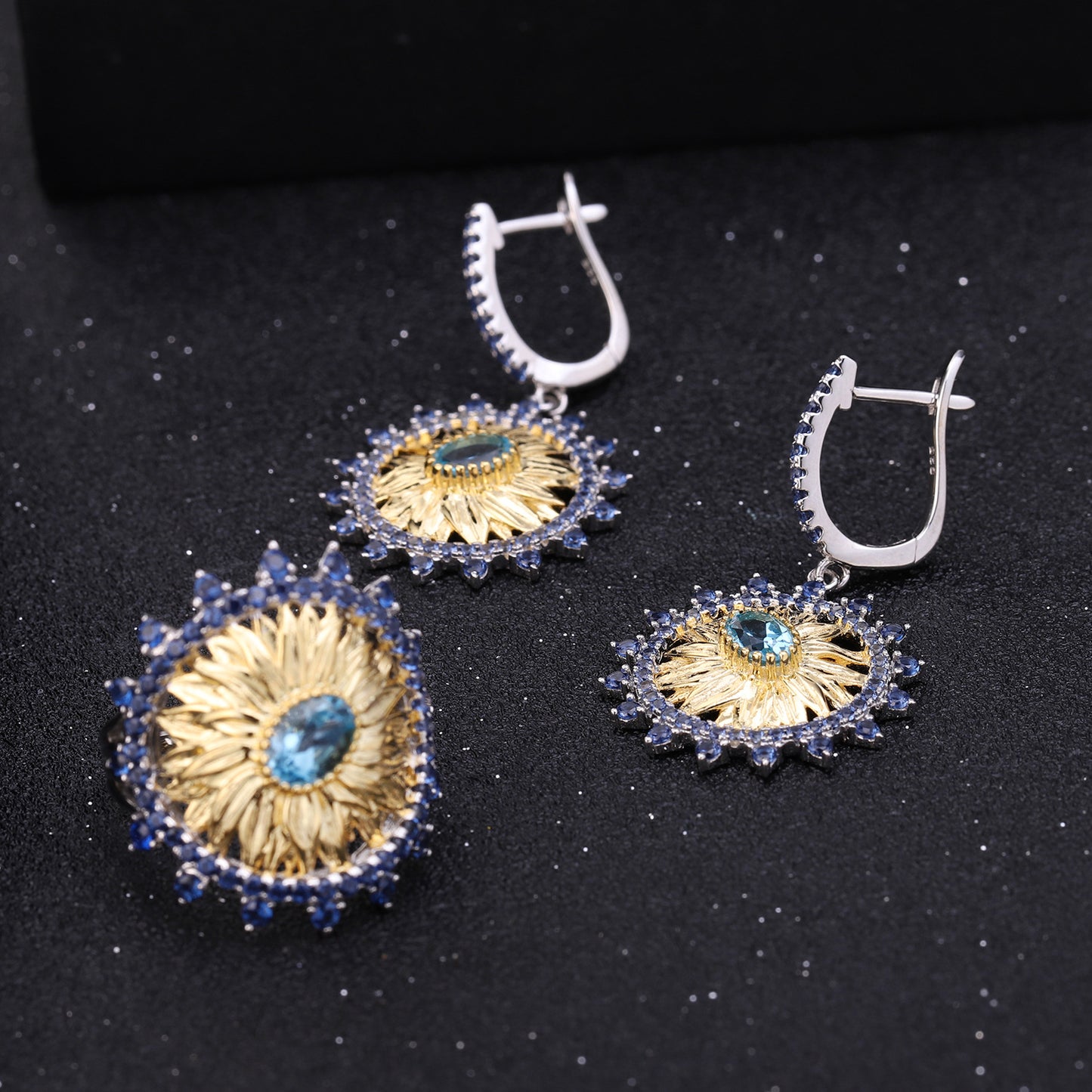 Original Designer Sunflower Ring Italian Craft Vintage Style925Sterling Silver Natural Topaz Ring