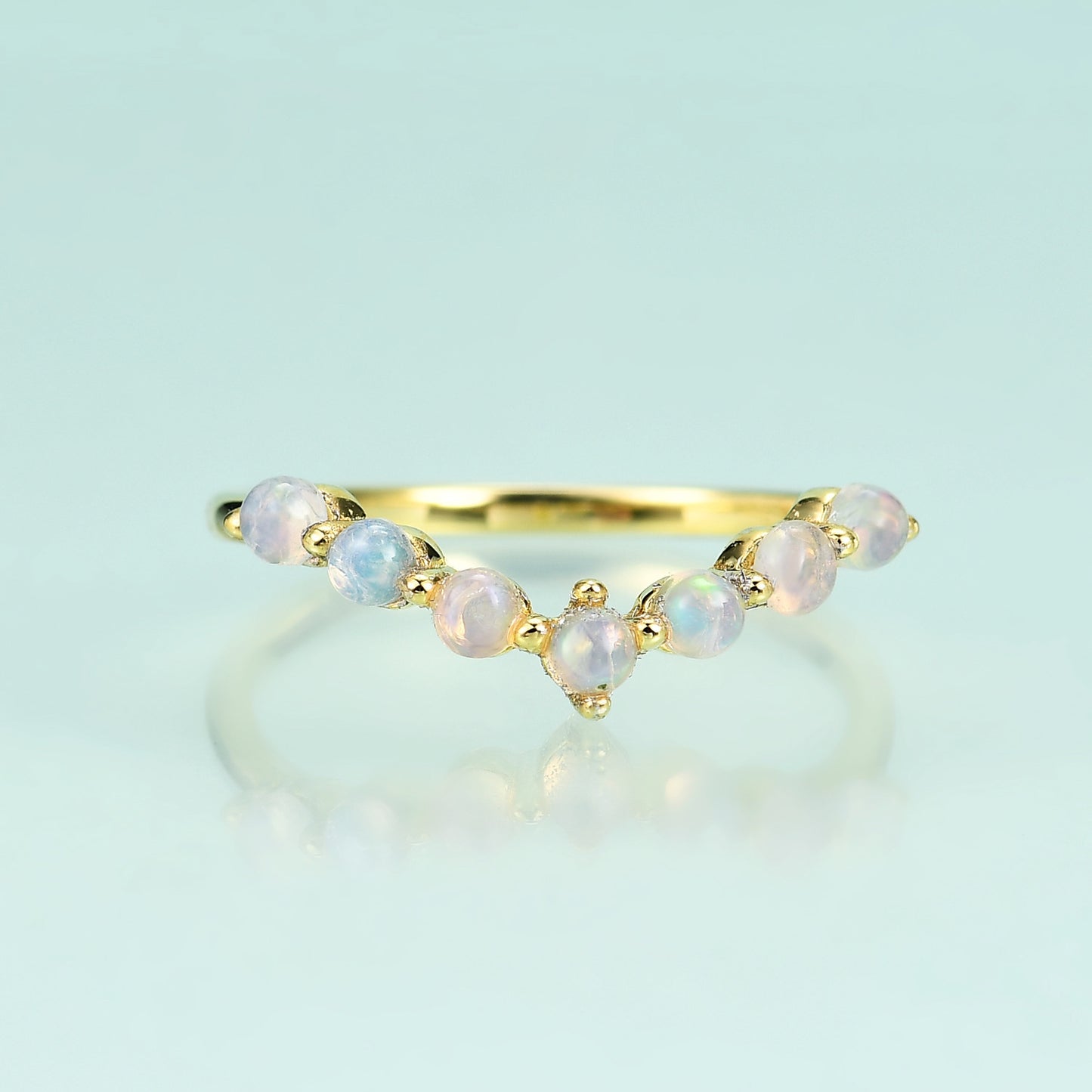 S925Sterling Silver Inlaid Natural Opal Ring Fashionable and Simple Luxury Style V Character Ring Plating14k Gold ring
