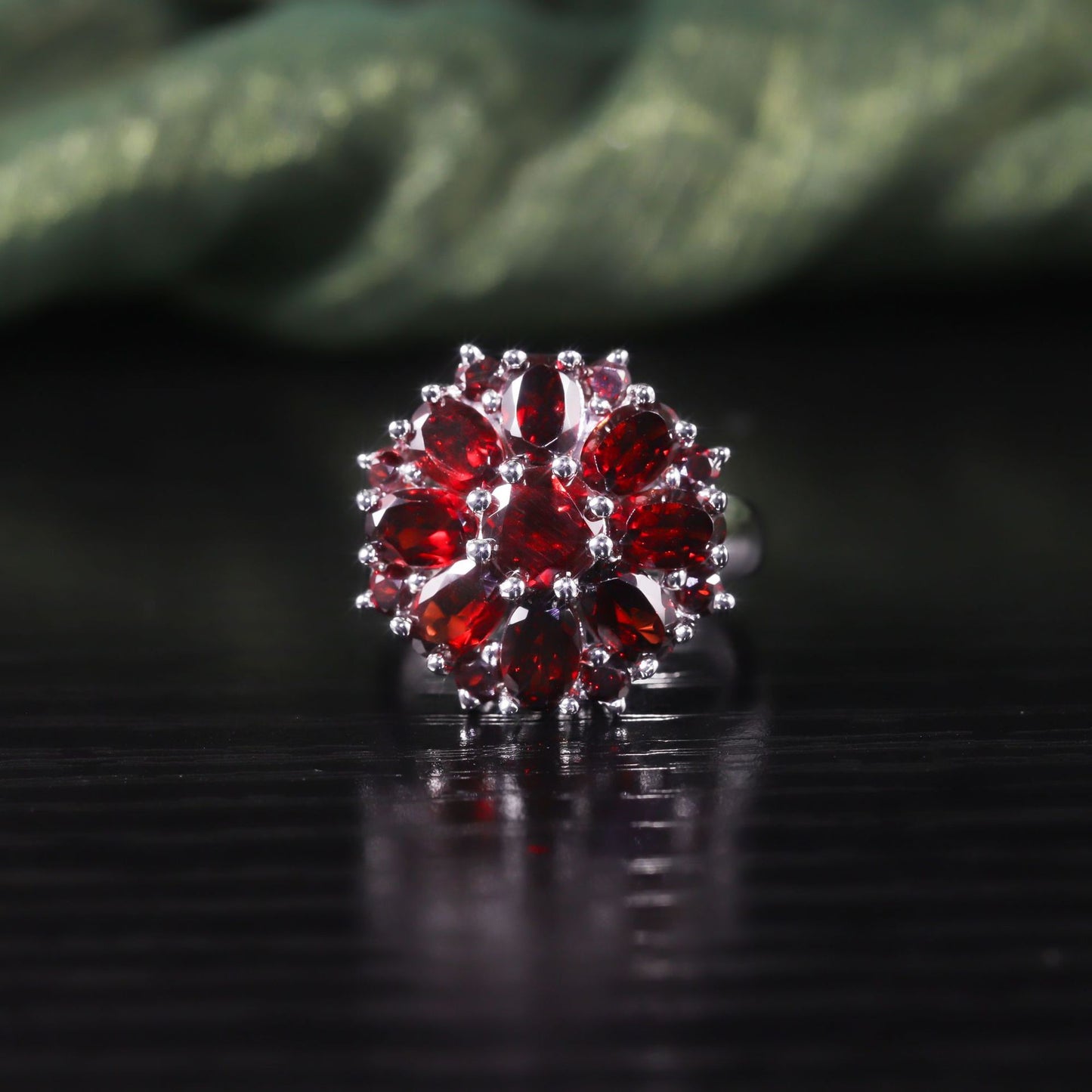 Exaggerated Luxurious Ring s925Sterling Silver Topaz Gemstone Ring Natural Garnet Ring Flower