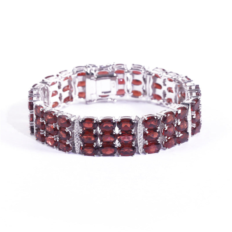 Elegant graceful s925Sterling Silver Inlaid Natural Garnet Bracelet Three Rows Heavy Craft Luxurious Gemstone Bracelet for Women