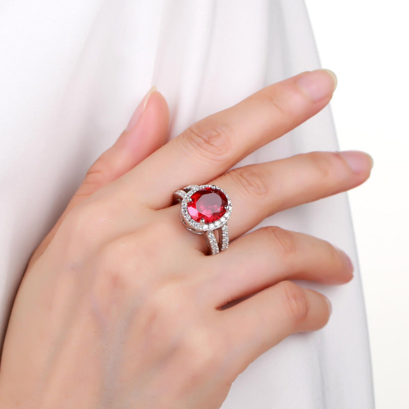 Luxurious Design Sense Colorful Crystal Cultivated Ruby Ring Vintage s925Sterling Silver Inlaid Gemstone Ring for Women