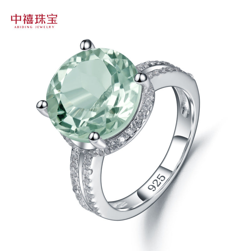 s925Sterling Silver Natural Green Amethyst Ring High-end Fashionable Luxurious Inlaid Natural Gemstone Ring