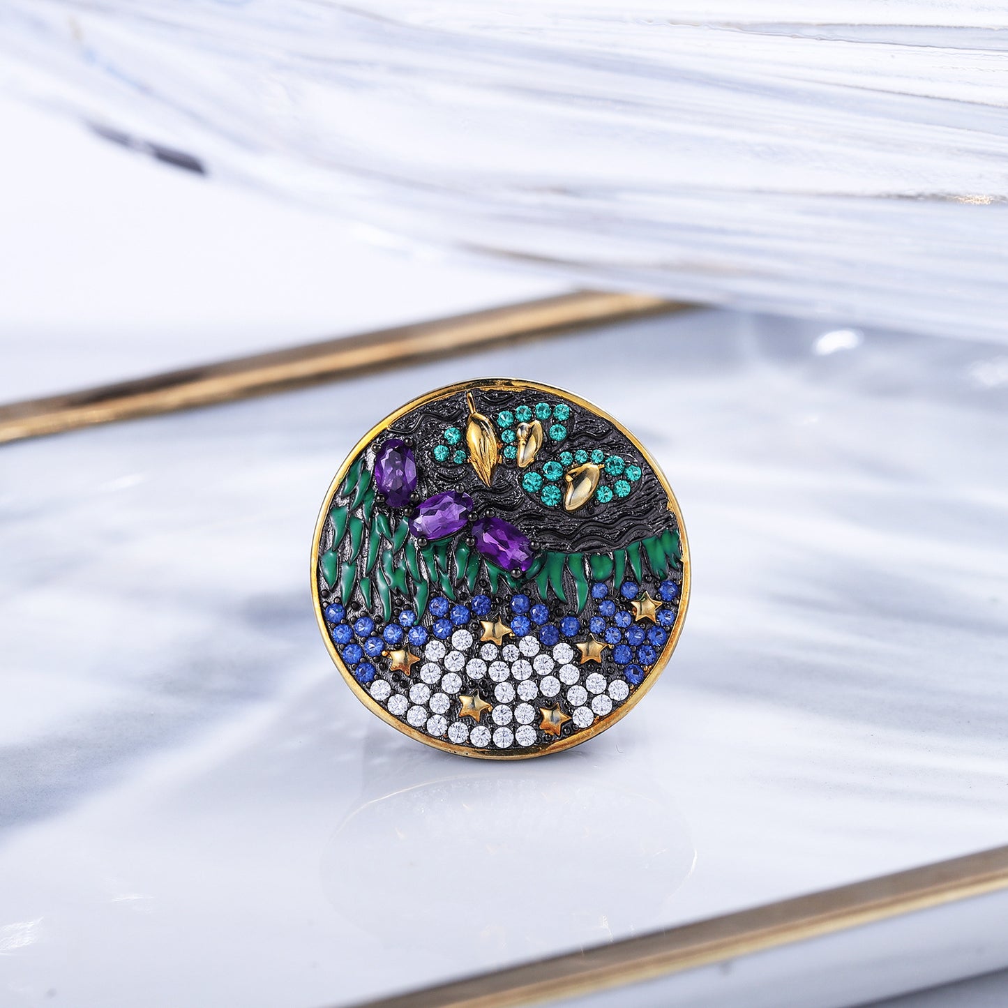 Niche Advanced Sense925Silver Original Design Gemstone Adjustable Ring Natural Stone Amethyst Ring for Men and Women