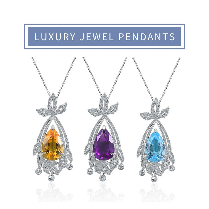 Original Design Natural Topaz Necklace10Carat Pendant s925Sterling Silver Inlaid Yellow Amethyst Luxurious Necklace