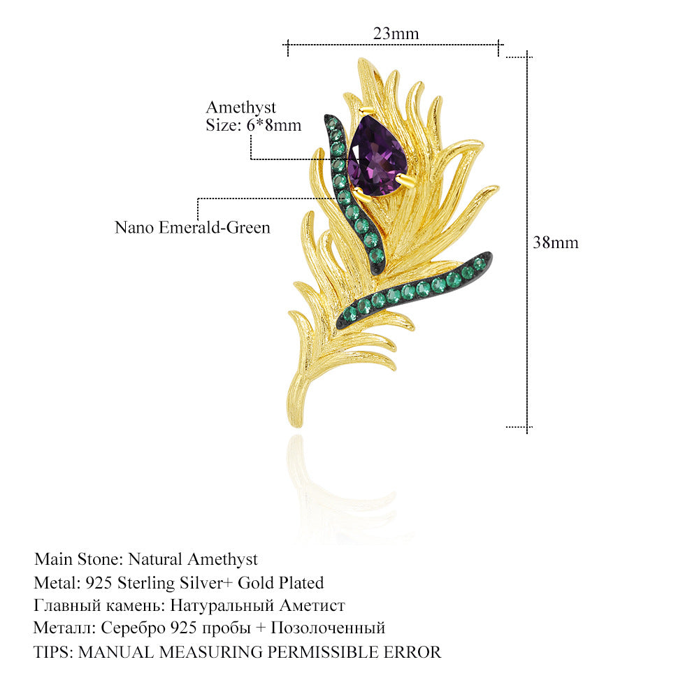 Feathers of the Luo Bird Designer Natural Amethyst Feather Brooch Sophisticated Design s925Sterling Silver Brooch