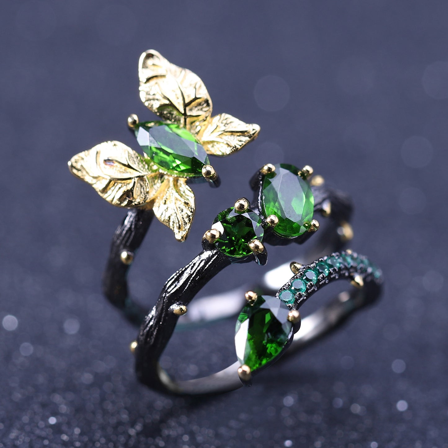 Secret Garden Series Original Design Ring Natural Style Butterfly925Sterling Silver Natural Diopside Ring