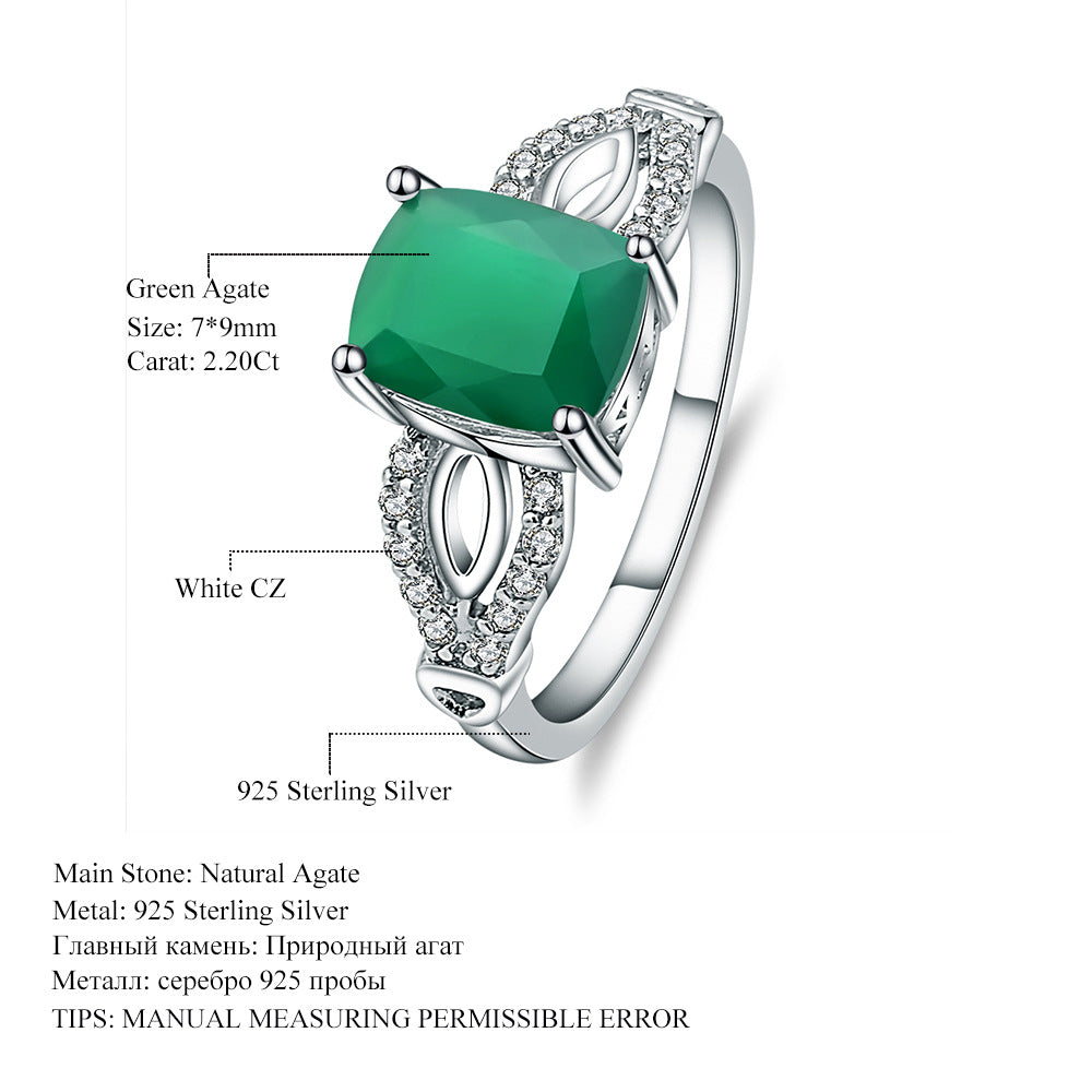 Fashionable Design Natural Gemstone Green Agate Ring Personality925Sterling Silver Square Gemstone Ring