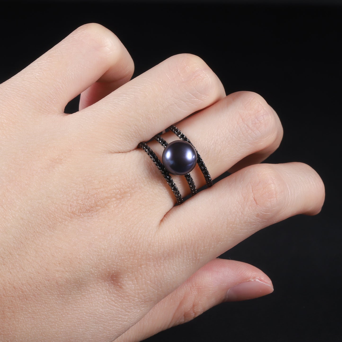 S925Sterling Silver Inlaid Natural Freshwater Pearl Ring Fashionable Light Luxury High-end Three-ring Set Ring