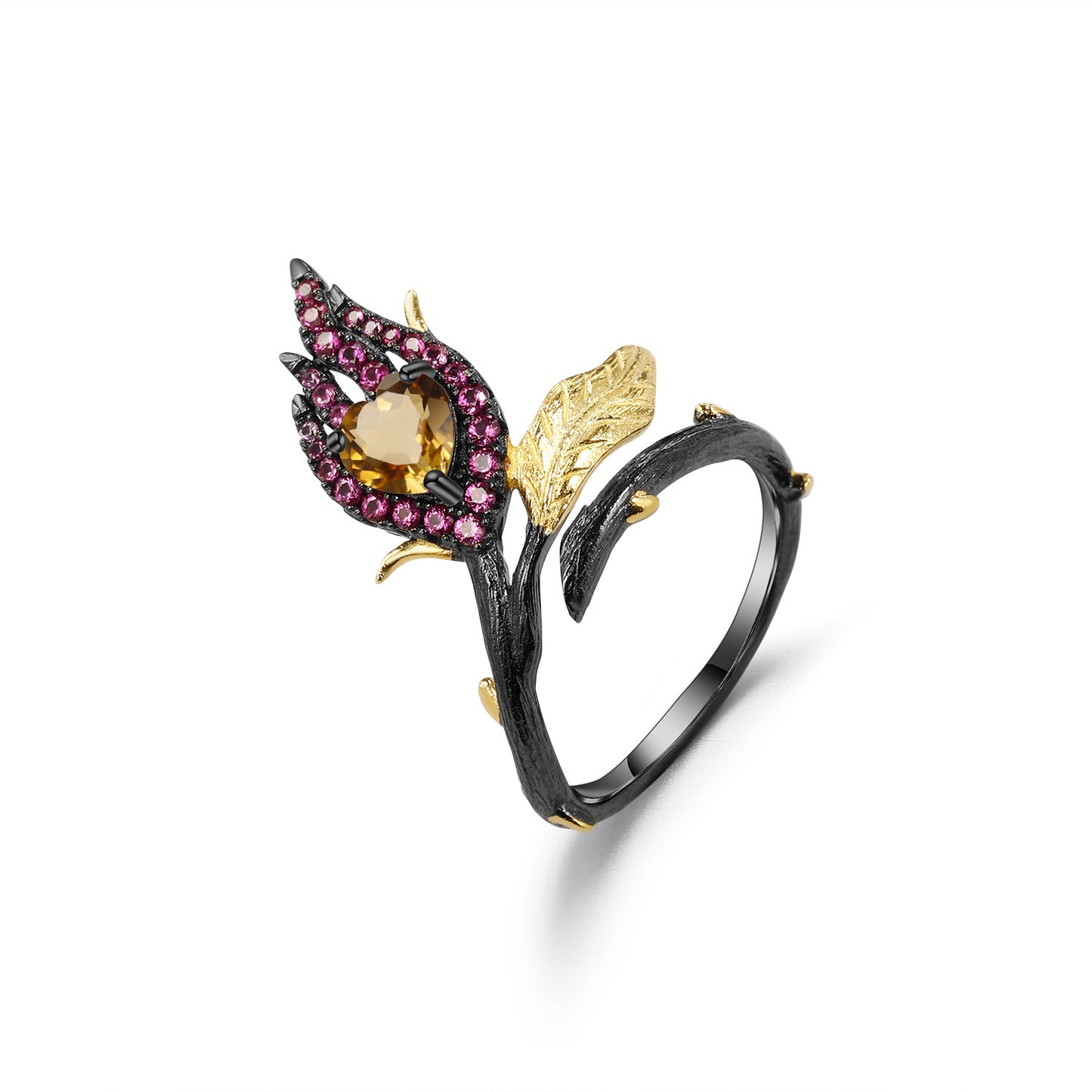 Designer High-End Floral Adjustable Ring Natural Style Design s925Silver Natural Yellow Crystal Ring
