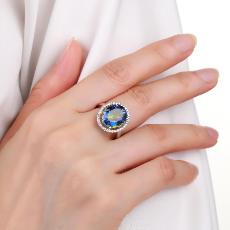 Luxurious Large Size Gemstone Dinner Ring Vintage Fashionable Elegance925Silver Inlaid Colorful Crystal Ring
