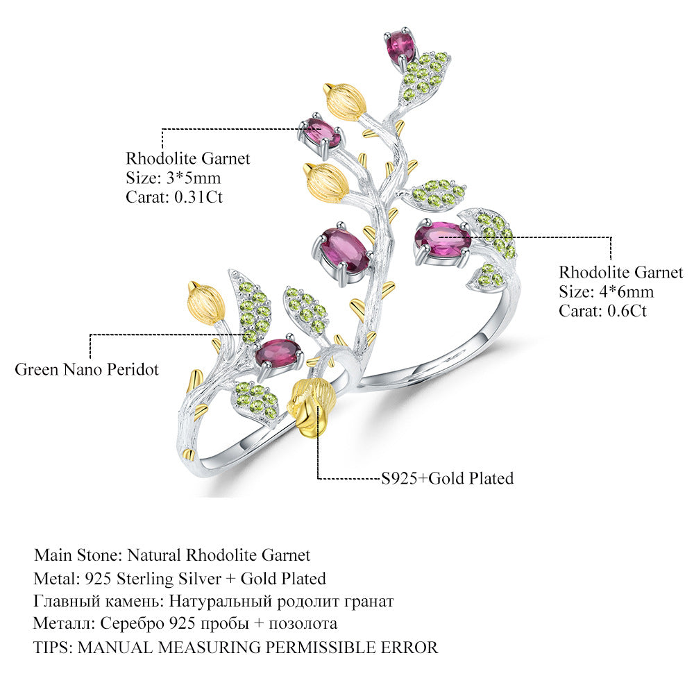 Vintage Plant Nature Style Designer Jewelry Adjustable Double Finger Ring s925Silver Natural Colored Gems Ring