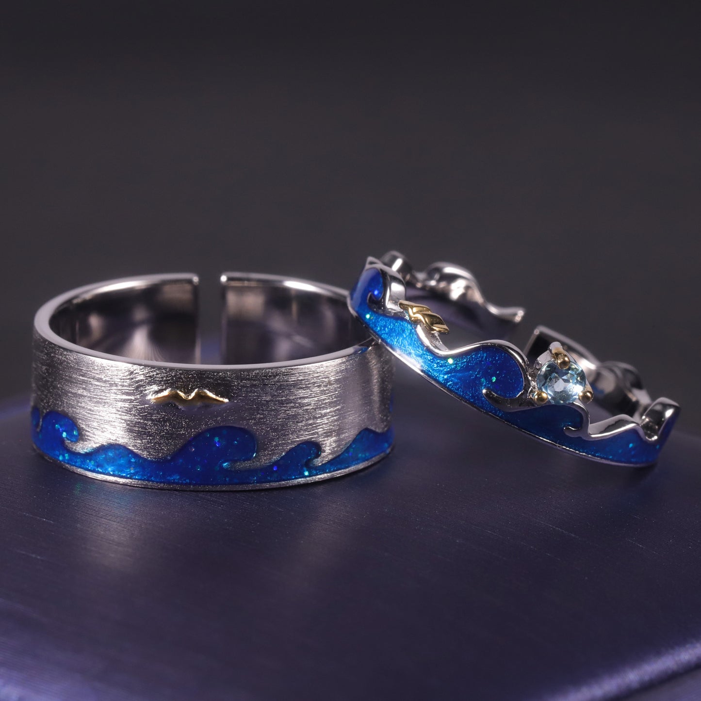 Designer Open Couple Rings Wave Element Natural Style Design925Silver Inlaid Gemstone Enamel Ring