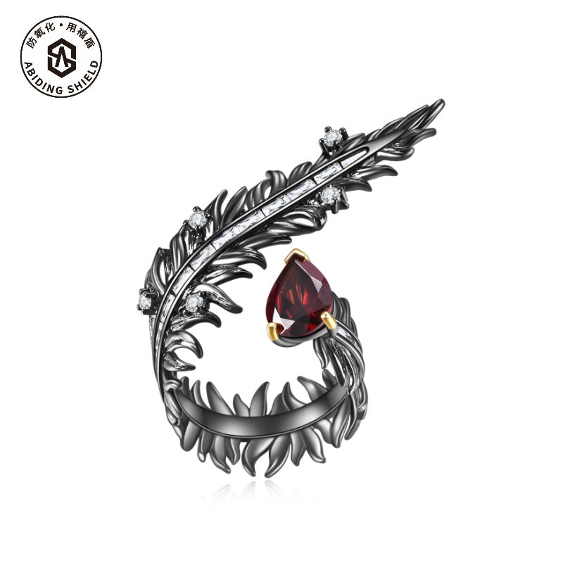 Italian Craft Retro Style Designer Natural Gemstone Ring s925Sterling Silver Inlaid Garnet Ring