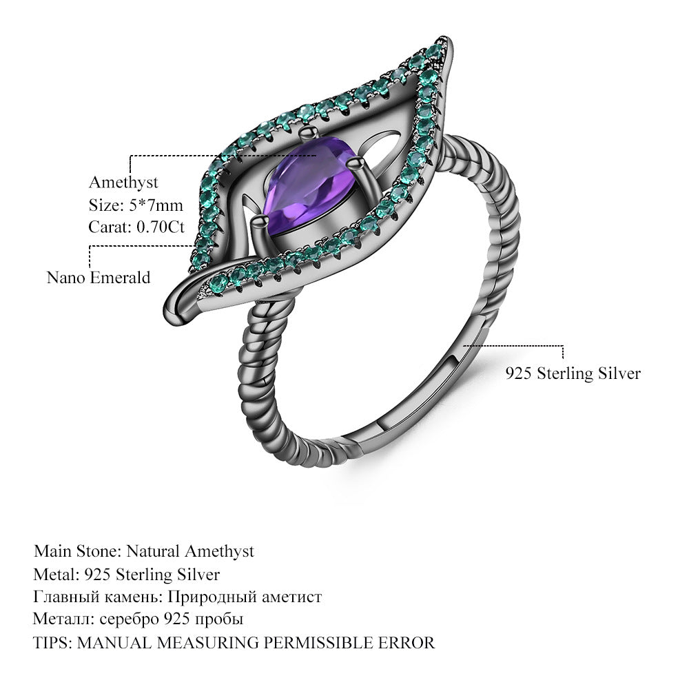 Italian Craft Designer Ring Natural Wind Leaf Design925Silver Inlaid Natural Amethyst Ring