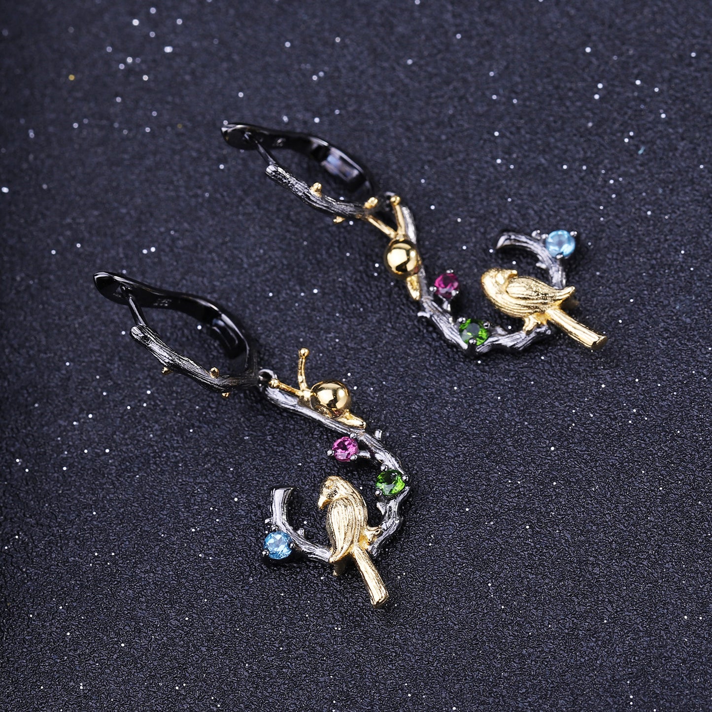 Secret Garden Designer Gemstone Earrings Natural Style Little Bird Design925Silver Natural Gemstone Earrings