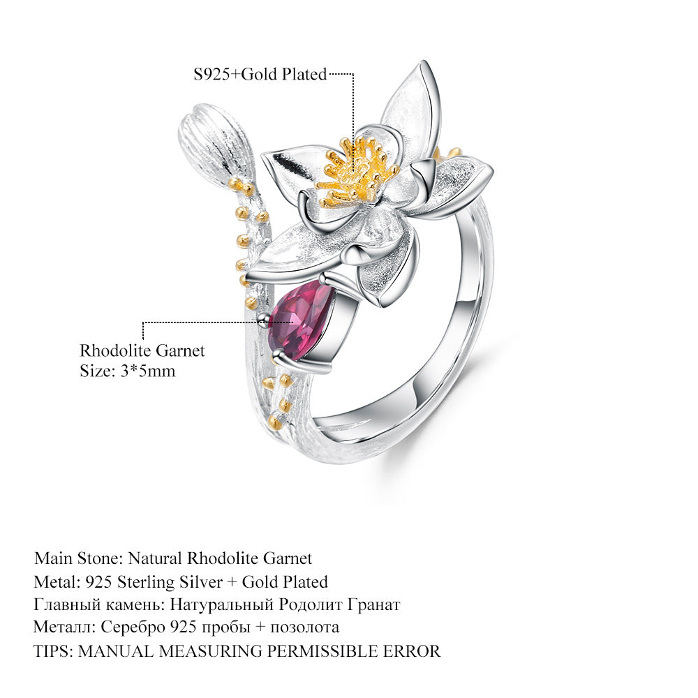 Designer Gemstone Inlaid Open Ring Natural Style Floral Design s925Silver natural gemstone ring