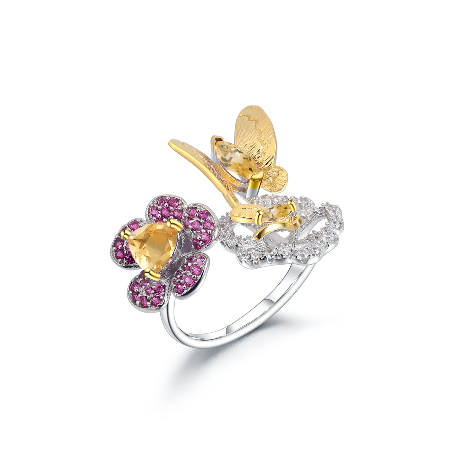 Designer Natural Amethyst Ring Natural Style Butterfly Flower Design925Silver Adjustable Open Ring