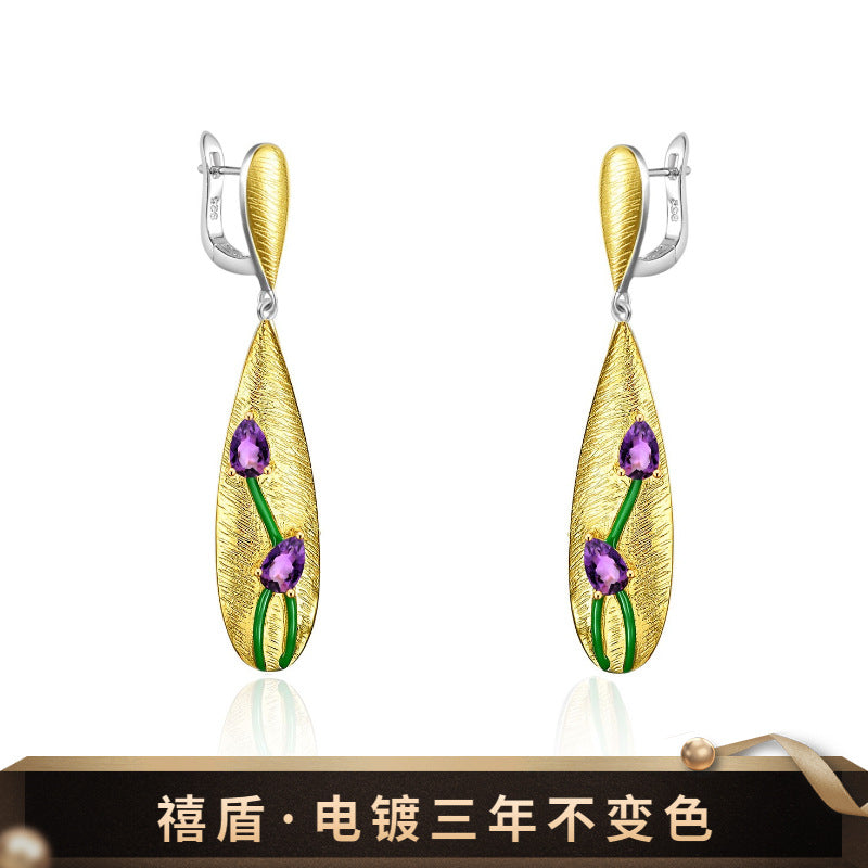 Custom Designer Natural Amethyst Jewelry Accessories Three-Piece Set 925Silver Inlaid High-end Jewelry Set