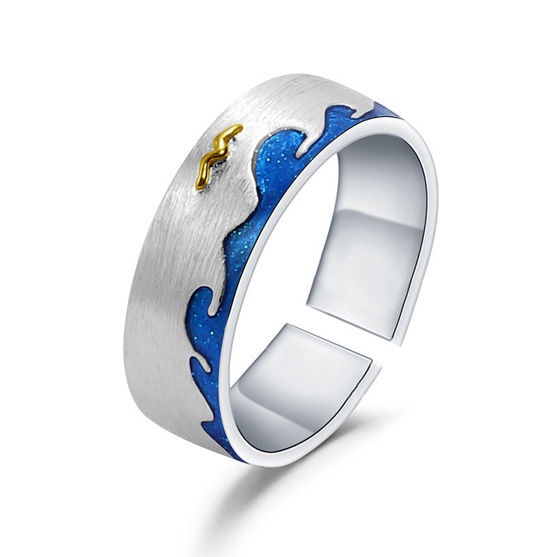 Designer Open Couple Rings Wave Element Natural Style Design925Silver Inlaid Gemstone Enamel Ring