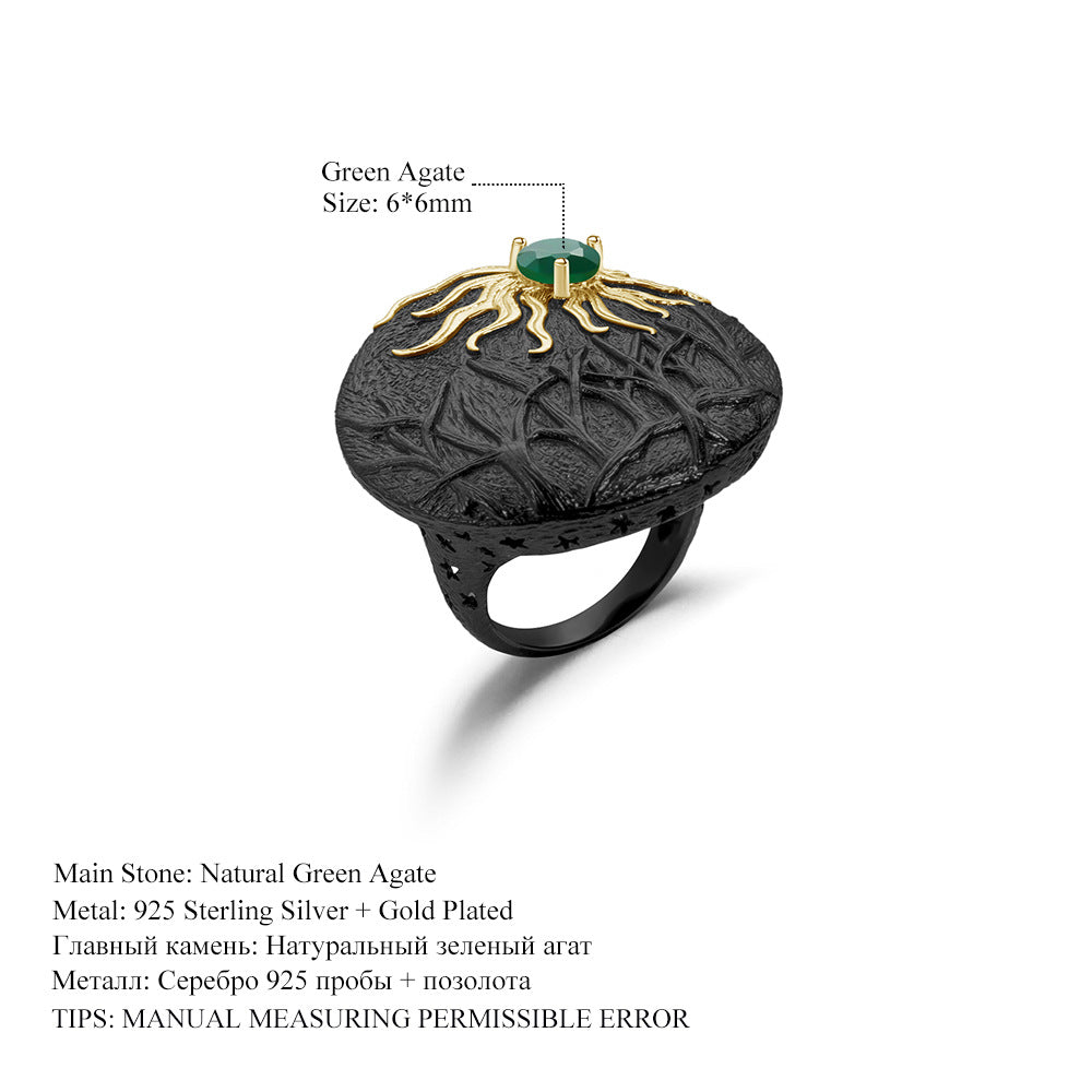 Designer Dark Retro Style Ring Shan Hai Jing Kuafu Chasing the Sun Design s925Silver natural gemstone ring