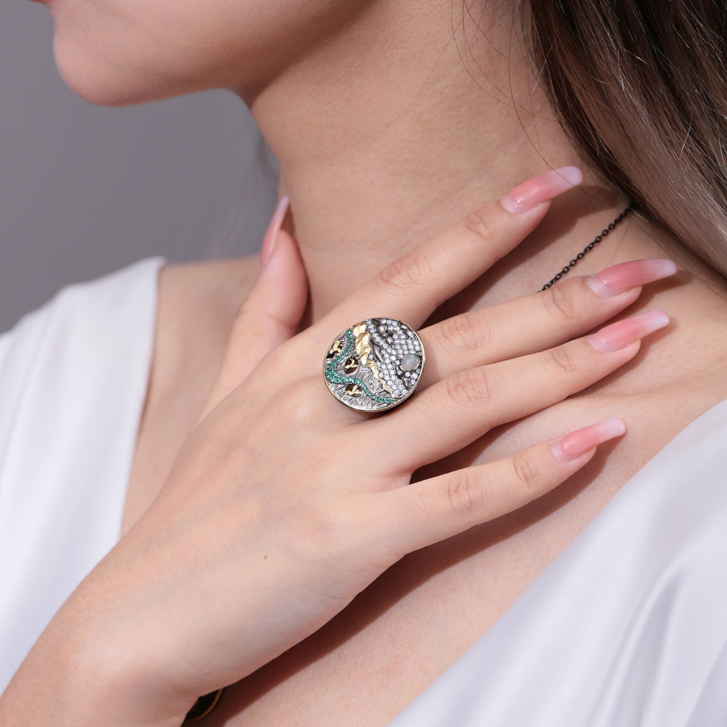 S925Sterling Silver High-End Jewelry for Men and Women, Love of Mountains and Rivers Ring, African Opal Topaz Adjustable Ring