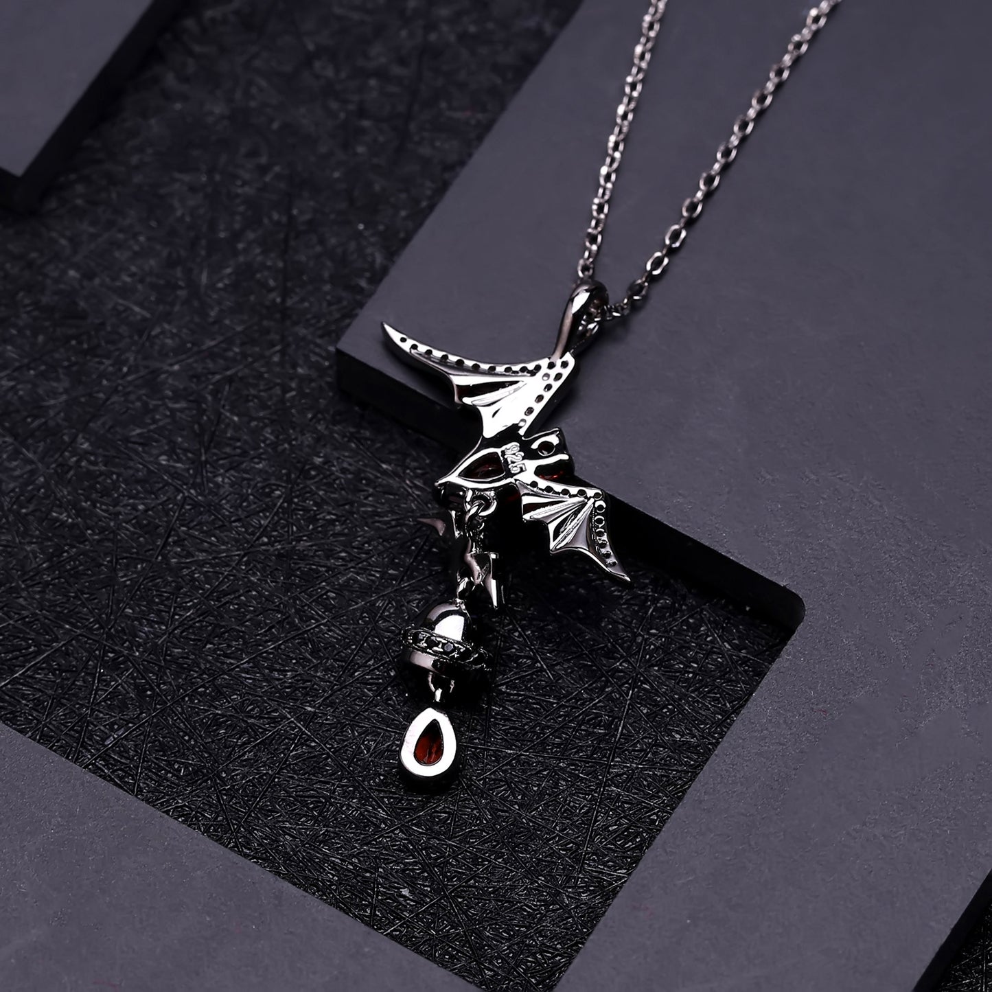 Dark Series Designer Pendant bat design s925Sterling Silver Inlaid Natural Garnet Necklace Pendant