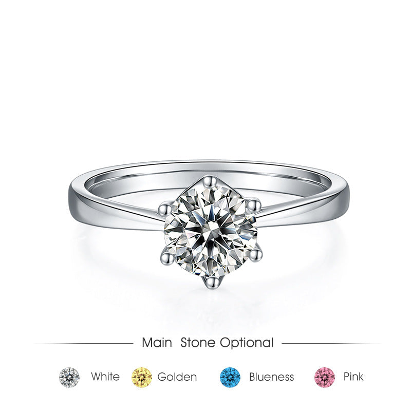 All-Matching s925Sterling Silver Inlaid1Carat Moissanite Wedding Ring Single Six-Prong Round Moissanite Ring Fashion