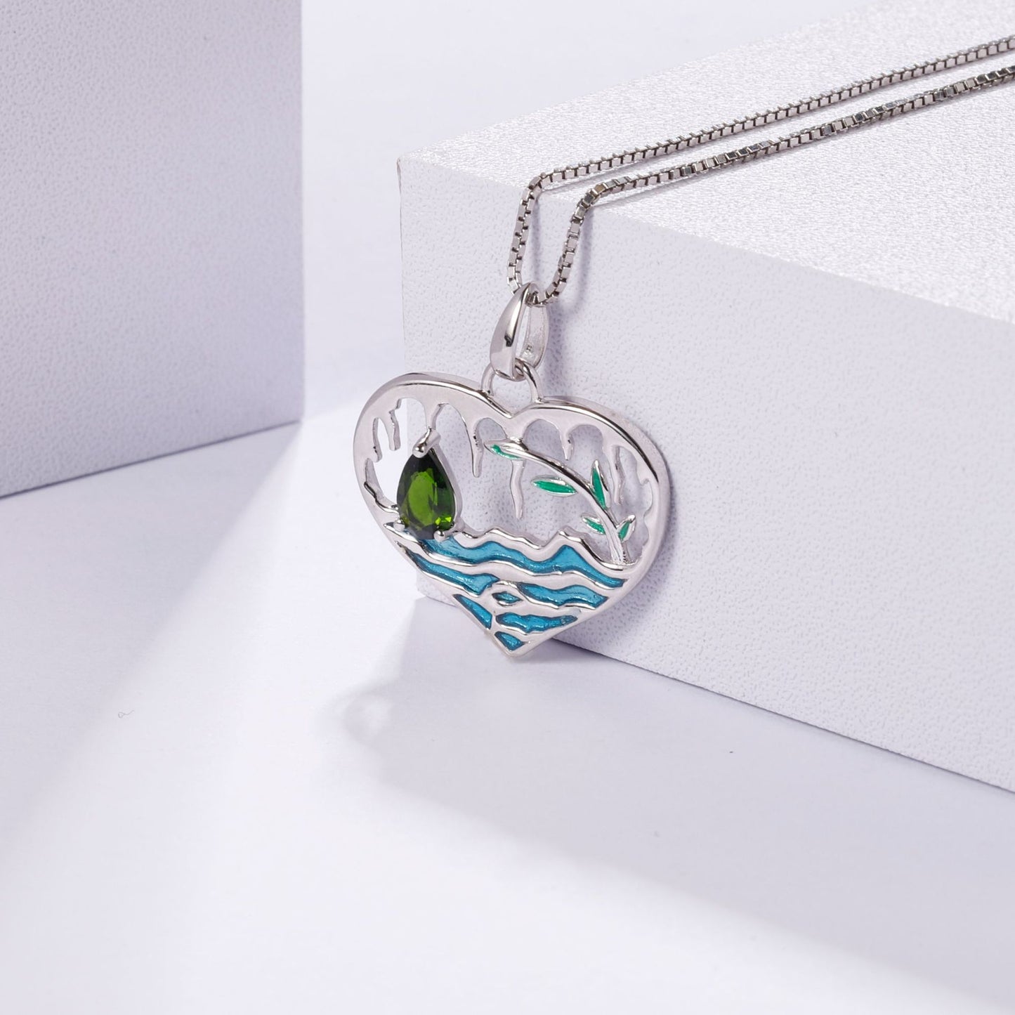Designer High-End Gemstone Pendant Heart Lake s925Silver Enamel Natural Translucent Stone Necklace Pendant