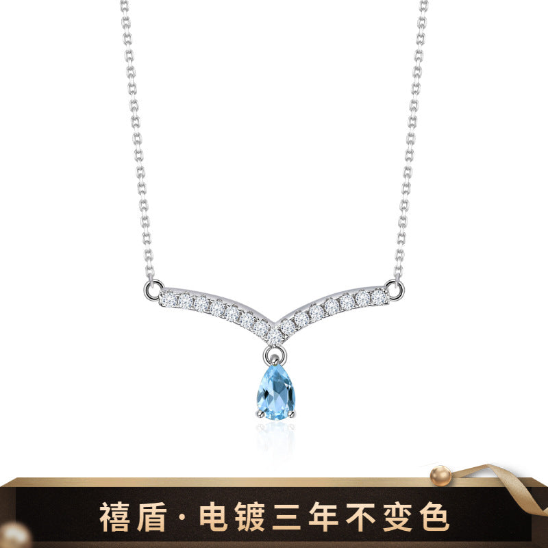 Light Luxury v Letter Shape Design Sense Gemstone Necklace s925Silver Inlaid Natural Gemstone Topaz Necklace Pendant