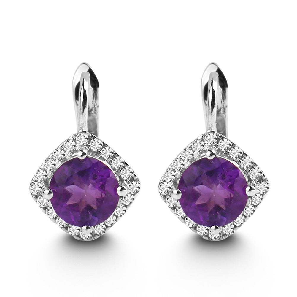 Luxury Natural Gemstone Amethyst Stud Earrings Personality s925Silver Natural Gemstone Earrings